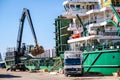 Riga, Latvia - April 20, 2022: Freeport of Riga. Riga harbour, Latvia. Ships in a port. Defocused