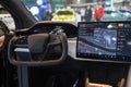 interor of Tesla Model X. Tesla screen, steering wheel, interor car electric ev vehicle