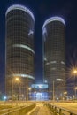 Riga, Latvia, april 27, 2018 Multifunctional building complex Z-Towers, hard vignetting, reflection on windows. Modern