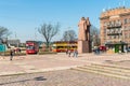 Riflemen Square with Monument to Latvian Red Riflemen and city tour bus in the historic center of Riga, Latvia Royalty Free Stock Photo