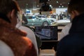 A view of the luxury interior of the cabin and the digital information panel on the teslacar model x Royalty Free Stock Photo