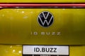 Volkswagen emblem on new minivann ID. BUZZ, close-up