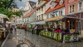 RIGA LATVIA AUG 2018 evening view of the street cafes in the Old Riga on Meistaru street