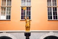 The Golden Knight is located in the courtyard between Valnu and Maza Smilsu streets, Riga, Latvia