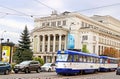 Latvian National Academic Opera and Ballet Theater house and old tram, Riga, Latvia