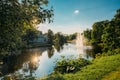 Riga, Latvia. City River Canal In The Park Bastion Hill. Sun Shi Royalty Free Stock Photo