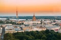 Riga, Latvia. Cityscape. Top View Of Riga Television Tv Tower