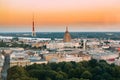 Riga, Latvia. Cityscape. Top View Of Riga Television Tv Tower And Building Of Latvian Academy Of Sciences. Aerial View