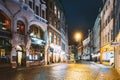 Riga, Latvia. Night View Of Tirgonu Street In Night Christmas Lighting Illumination. Royalty Free Stock Photo