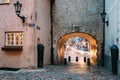 Riga, Latvia. Swedish Gate Gates Is A Famous Landmark. Old Arch Of Swedish Gate In Original State On Troksnu Street In