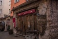 RIGA, LATVIA: Door of medieval restaurant Rozengrals on Rozena iela street in Riga, Latvia. Vinarium Civitatis Rigensis in the old Royalty Free Stock Photo