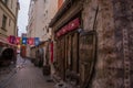 RIGA, LATVIA: Door of medieval restaurant Rozengrals on Rozena iela street in Riga, Latvia. Vinarium Civitatis Rigensis in the old Royalty Free Stock Photo