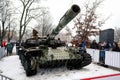 Riga, Latvia - February 25, 2023: Russian T-72B tank, which was destroyed by the Ukrainian army in the spring of 2022 in