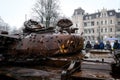 Riga, Latvia - February 25, 2023: Russian T-72B tank, which was destroyed by the Ukrainian army in the spring of 2022 in