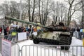 Riga, Latvia - February 25, 2023: Russian T-72B tank, which was destroyed by the Ukrainian army in the spring of 2022 in