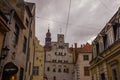 RIGA, LATVIA: front view of Three Brothers, early Renaissance style houses on Maza Pils iela in Old Riga Town