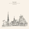 House of the Blackheads, St. Peters Church and statue of Roland in Riga old town, Latvia, Europe. Hand drawn postcard in vector