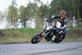 19.09.2020 Riga Latvia Handsome motorcyclist in black riding his super sport motorcycle