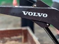 Riga, Latvia - 14 07 2024: Here is a detailed close up view of a complex machine part. A close up of a Volvo name on it