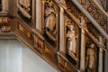 Riga, Latvia. Interior Of The Riga Dom Dome Cathedral Church. Decorative Elements, Statues On The Pulpit