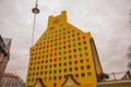 RIGA. LATVIA: Jacob`s Barracks building showing coats of arms for Latvian parishes, Tornu Street, old town. Yellow building with Royalty Free Stock Photo