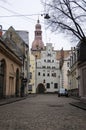 Riga, Latvia - January 1, 2016: Street and oldest buildings in R Royalty Free Stock Photo