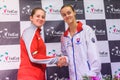 08.02.2019. RIGA, LATVIA. Jelena Ostapenko and Anna Karolina Schmiedlova, during Members of Team Latvia and team Slovakia