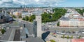 Aerial view of the Riga central train station tower with name of the city and clock. Royalty Free Stock Photo