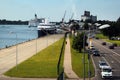 Riga, Latvia - July 10, 2017: Passenger terminal of Riga port on Daugava river serves cruise ships, ferries, yachts, navy vessels