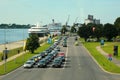 Riga, Latvia - July 10, 2017: Riverside road near Riga port on Daugava river, which serves cruise ships, ferries, yachts, navy
