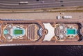 Aerial view of the MSC Orchestra cruise ship docked in Riga by the old town.