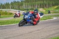 12-05-2020 Riga, Latvia. man on a motorbike on the road riding. having fun driving the empty road on a motorcycle tour journey