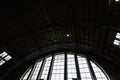 RIGA, LATVIA - MARCH 16, 2019: Riga Central market pavilion ceiling, people buying food - Former zeppelin hangars -