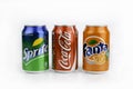 Riga, Latvia - March 13, 2016: Coca Cola,Fanta and Sprite can is