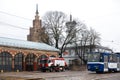 RIGA, LATVIA - MARCH 16, 2019: Fire truck is being cleaned - Driver washes firefighter truck at a depo - Scenic view