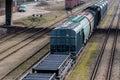 RIGA, LATVIA - MARCH 27, 2019: Freight trains on city cargo terminal - Image Royalty Free Stock Photo