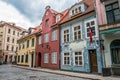 Riga, Latvia - May 21, 2021: Jauniela street in Riga with building of restaurant 1221 Royalty Free Stock Photo