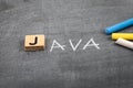 Java code and programming language concept. Colored chalk pieces on a black chalk board