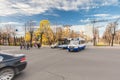 RIGA, LATVIA - MAY 06, 2017: View on crossroad with public transport and cars and pedestrian crossing or crosswalk w