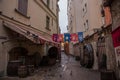 RIGA, LATVIA: Medieval restaurant Rozengrals on Rozena iela street in Riga. Vinarium Civitatis Rigensis in the old town of Riga. Royalty Free Stock Photo