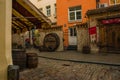 RIGA, LATVIA: Medieval restaurant Rozengrals on Rozena iela street in Riga. Vinarium Civitatis Rigensis in the old town of Riga.