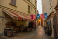 RIGA, LATVIA: Medieval restaurant Rozengrals on Rozena iela street in Riga. Vinarium Civitatis Rigensis in the old town of Riga. Royalty Free Stock Photo