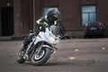 25-05-2020 Riga, Latvia. Motorcyclist goes on road, front view, closeup Royalty Free Stock Photo