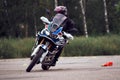 25-05-2020 Riga, Latvia. Motorcyclist goes on road, front view, closeup Royalty Free Stock Photo