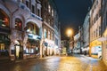 Riga, Latvia. Night View Of Tirgonu Street In Night Christmas Lighting Illumination. Royalty Free Stock Photo