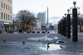 Riga, Latvia, November 2019. City center, lanterns on poles, sights and pigeons.