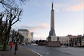 Riga, Latvia, November 2019. The famous Liberation Monument amid the early dawn.