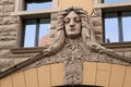 Riga, Latvia, November 2019. Fragment of the facade of the Art Nouveau building with stucco decorations.