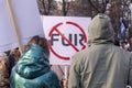 Activists at Animal Advocacy event with NO FUR signs and banners in hands protest against animal abuse