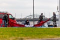 RIGA LATVIA Ã¢â¬â NOVEMBER 19 2020: Taking down giant Latvian flag at AB Dambis